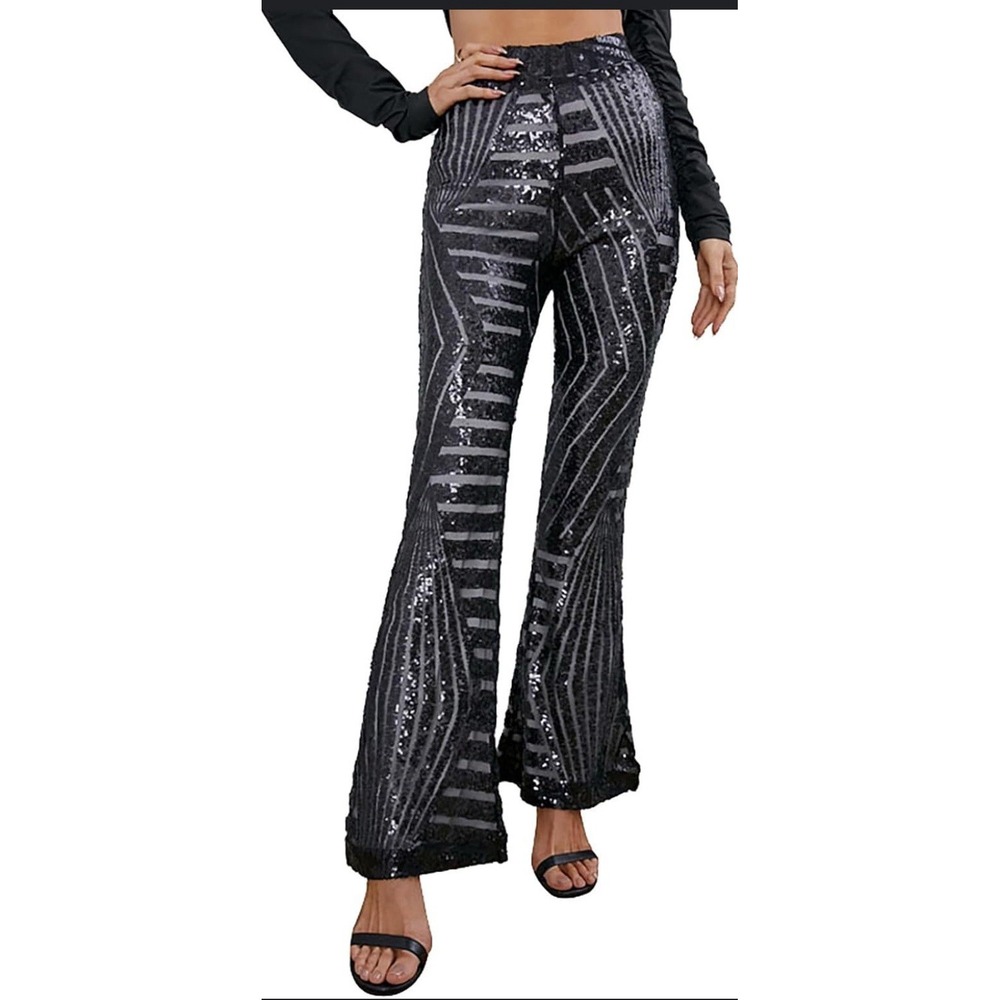 Sequin‎ Womens Pants Disco Bell Bottom Black Boho Daisy Jones Festival 70's Sz M